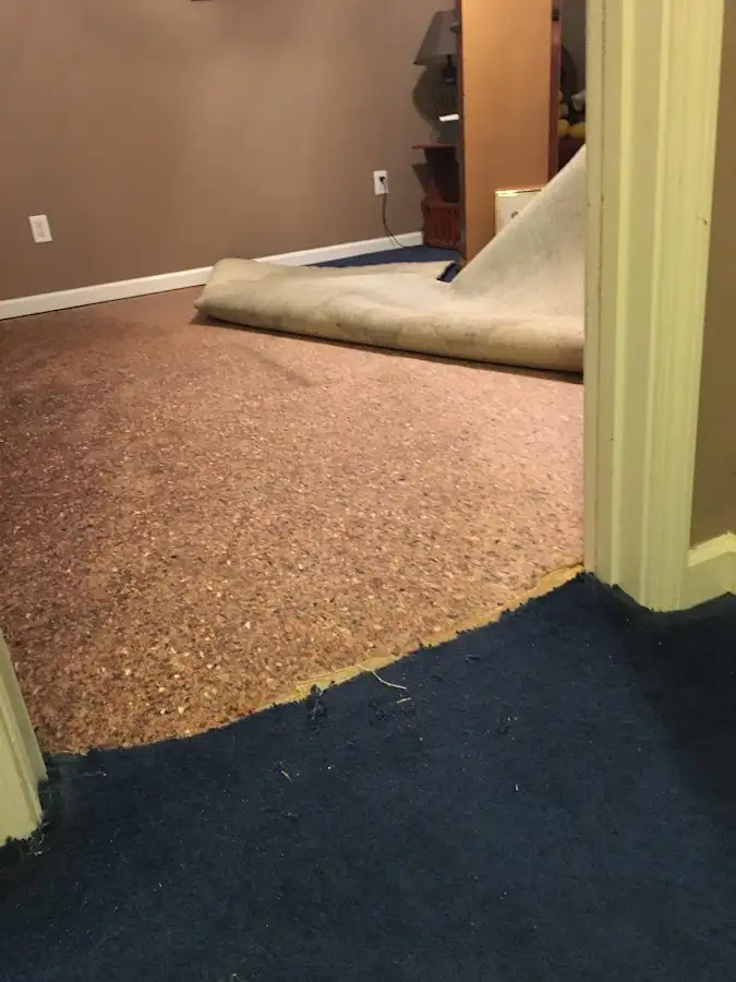 Carpet pad removal revealing water damage during Water Mitigation Services in Snoqualmie